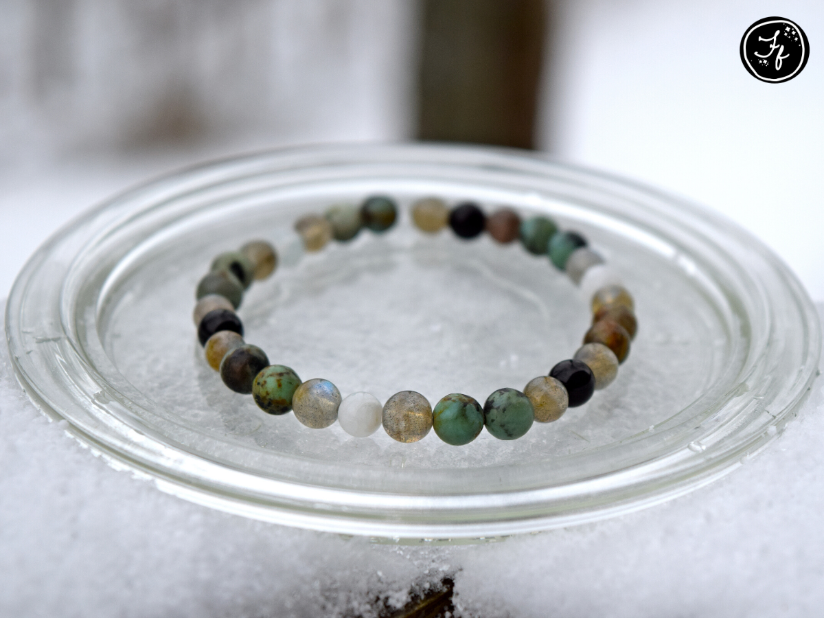 Black Tourmaline, African Turquoise, Rainbow Moonstone & Labradorite Bracelet