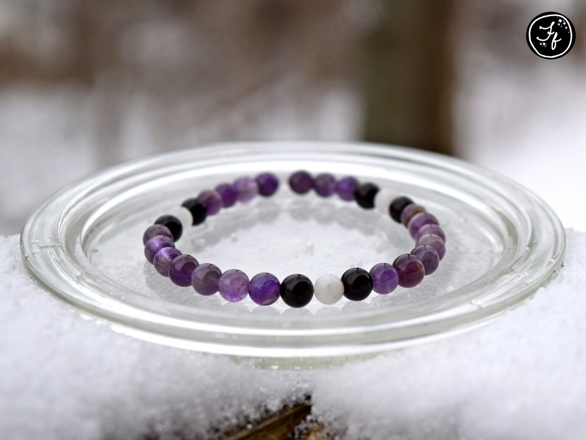 Rainbow Moonstone, Black Tourmaline & Amethyst Bracelet